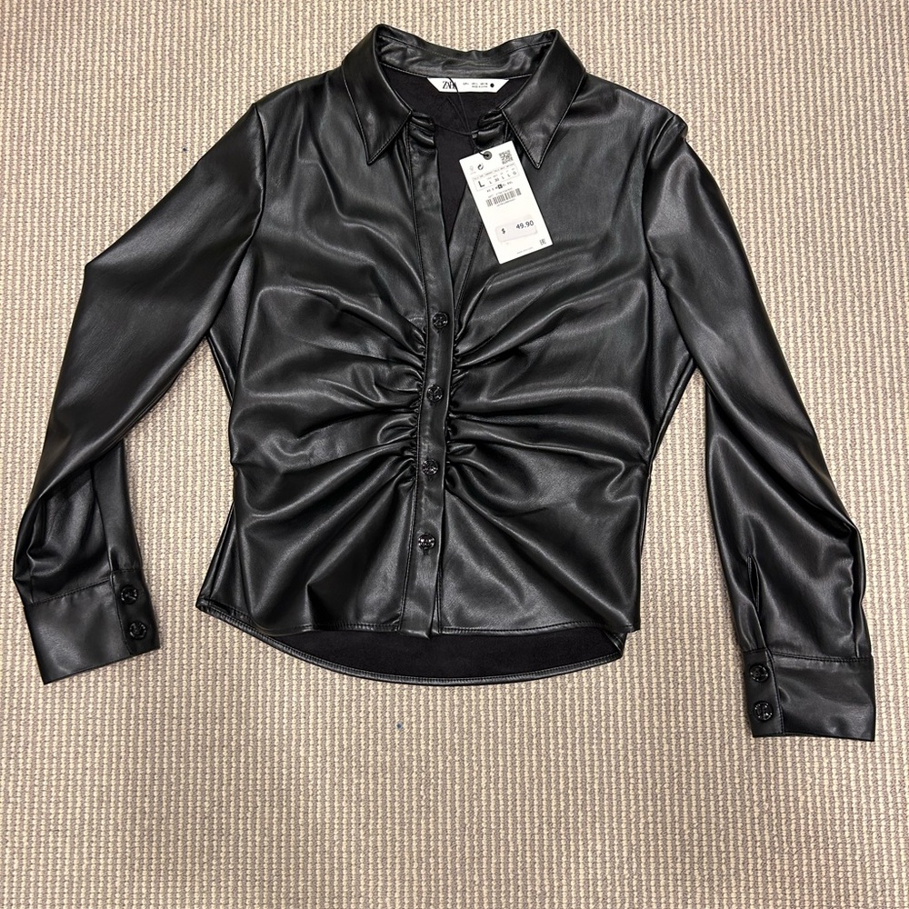 Never worn Zara leather button down blouse with suede interior.